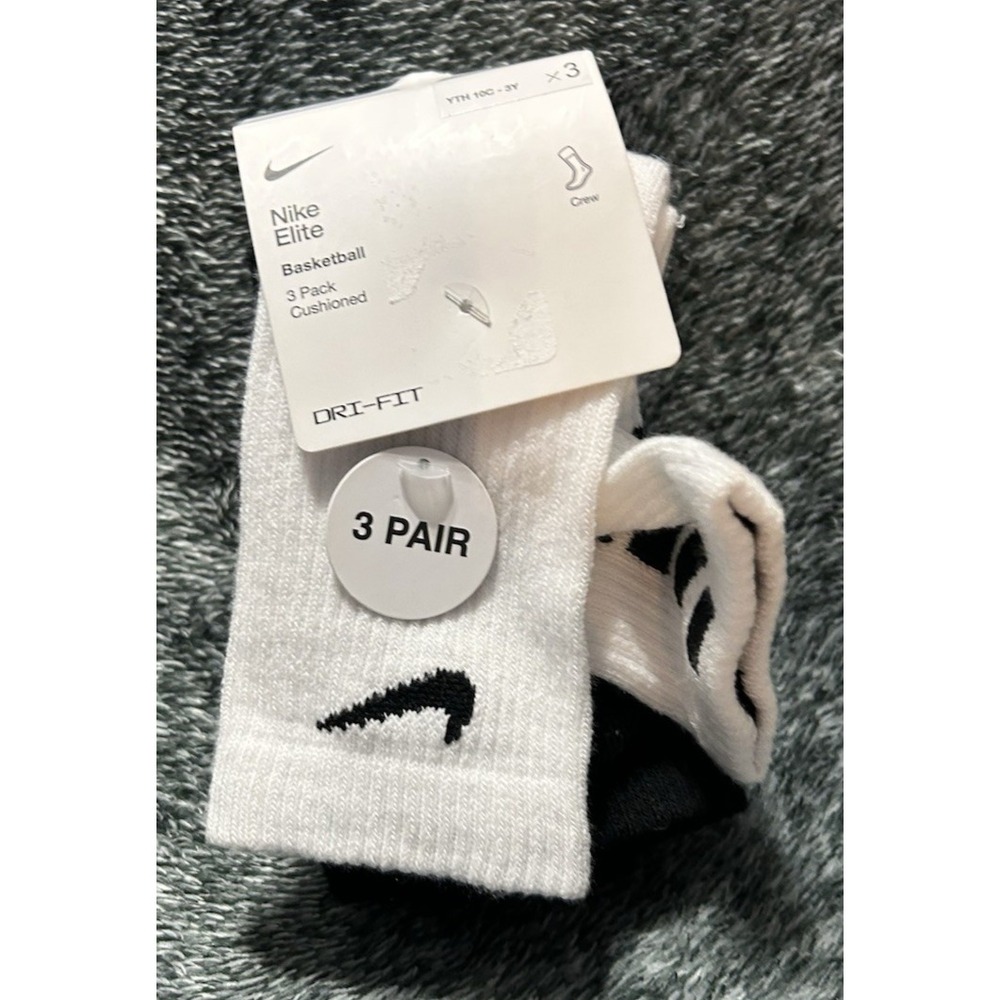 Nike Elite Basketball Dri-fit Crew Socks 3 Pack White/Black Youth Size 10C-3Y